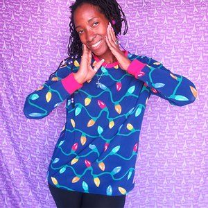 Pajamagram Christmas lights long sleeve xmas holidays top shirt in blue, green M
